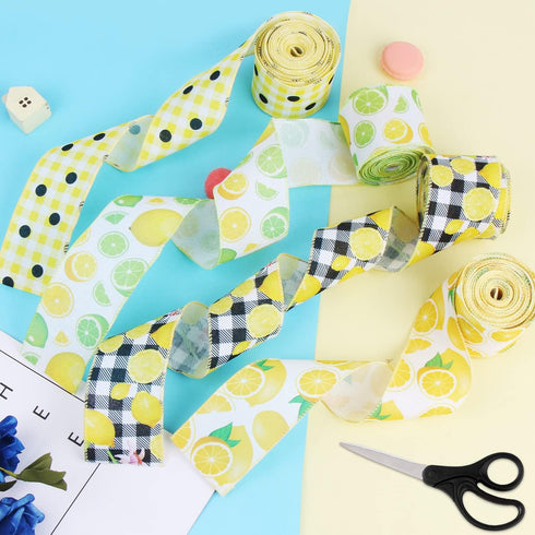 CCINEE 4 Rolls Wired Edge Ribbons with Lemon,2.5 Inch×26 Yards Yellow Satin with Lemon Polka Dot Stripe Plaid Check for Wreath Floral Arrangements...