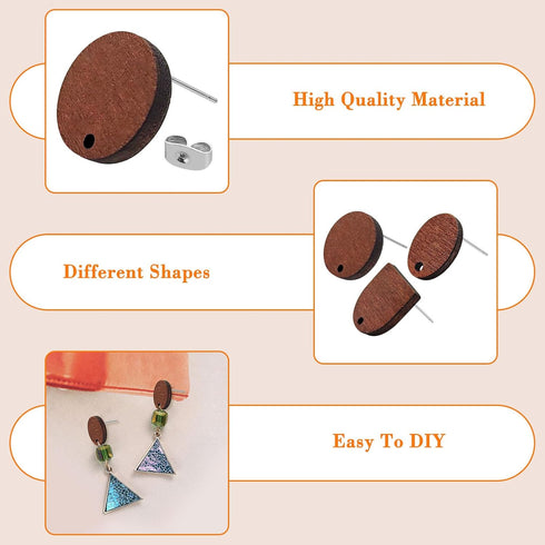 Oubaka 60pcs Wooden Earring Studs for Jewelry Making,Wooden Stud Earrings Wood Earring Posts Earring Pin Stud Bulk with 100pcs Earring Backs for D...