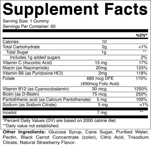 Vitamatic Vitamin B Complex Gummies with Vitamin C & Inositol - Natural Strawberry Flavor - 60 Gummies (2 Bottles)...