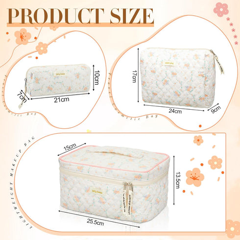 3 Pcs Quilted Makeup Bag Large Cosmetic Bag Floral Makeup Bag Travel Aesthetic Cute Kawaii Toiletry Cosmetic Pouch with Zipper for Women Gifts Hom...