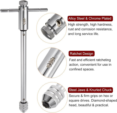 T-Handle Ratchet Tap Wrench + Metric Tap Set, 7pcs M3 M4 M5 M6 M8 M10 M12 Thread Taps and M5-M12 Adjustable 10" Long Ratcheting Wrench Hand Tappin...