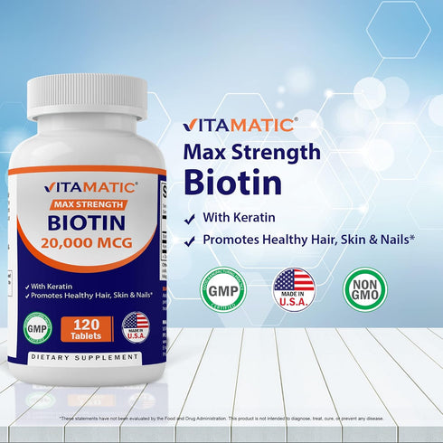 Vitamatic High Potency Biotin 20000 mcg (20mg) with Keratin 100mg - 120 Vegetarian Tablets - Biotin Supplements for Healthy Hair Skin & Nails for ...