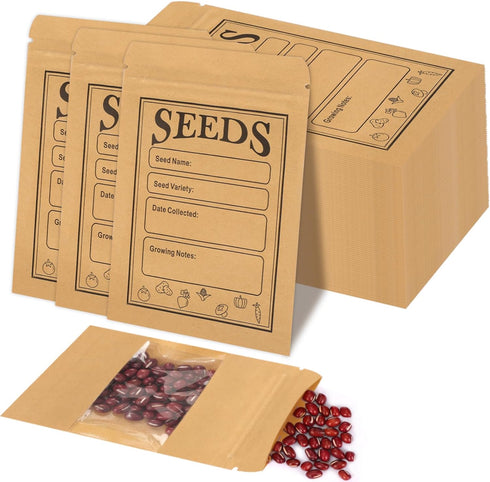 100pcs Seed Saving Envelopes with Clear Window, 4.7x3.1 Inch Reusable Seed Kraft Storage Organizer Packets Envelopes for Flower Vegetable Plants G...