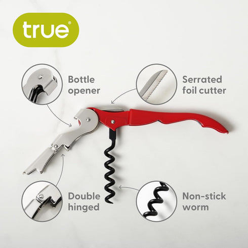 True Brands TrueTap Double Hinged Waiters Corkscrew, Top-notch Stainless Steel Opener with Foil Cutter Built to Last Wine Key Red, Set of 1...