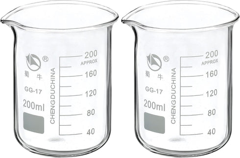 PATIKIL 200ml Low Form Glass Beaker, 2 Pack 3.3 Borosilicate Glass Graduated Printed Scale Measuring Cups with Spout for Kitchen Lab Liquids Trans...