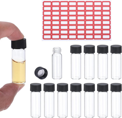 PATIKIL 4ml Clear Glass Vials, 12 Pack Sample Vials with Screw Cap Reagent Media Bottle with Labels Leak-Proof Liquid Sample Glass Vial for Lab La...
