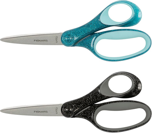 Fiskars 7" Student Glitter Scissors for Kids 12+ (2-Pack) - Scissors for School or Crafting - Back to School Supplies - Black, Turquoise...