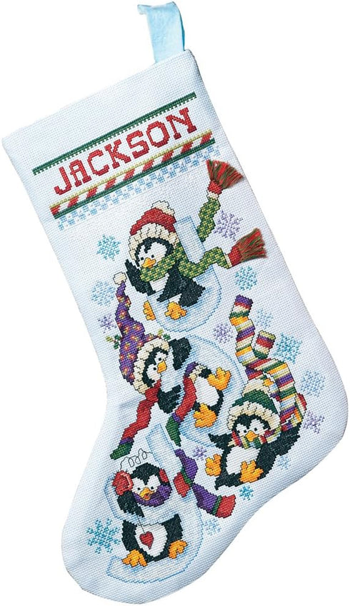 Janlynn 80-0477 Penguin Joy Stocking Counted Cross Stitch Kit, 18" diagonally, Light Blue...