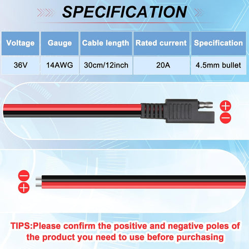 Frienda 14 AWG Connectors Cable Compatible with SAE 30cm 2 Pin Single Plug Disconnect Power Automotive Extension Cable for Motorcycles Cars Charge...