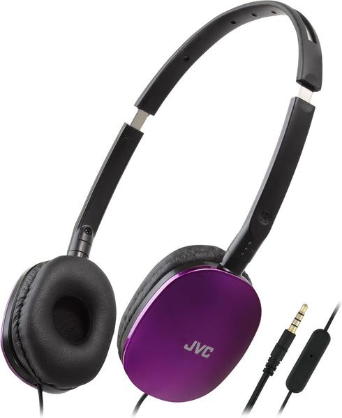 JVC Violet Flat Foldable Colorful FLATS On Ear Headphones with Remote and Microphone, 3.94 foot Gold Plated 3.5mm Slim Plug - HAS160MV...