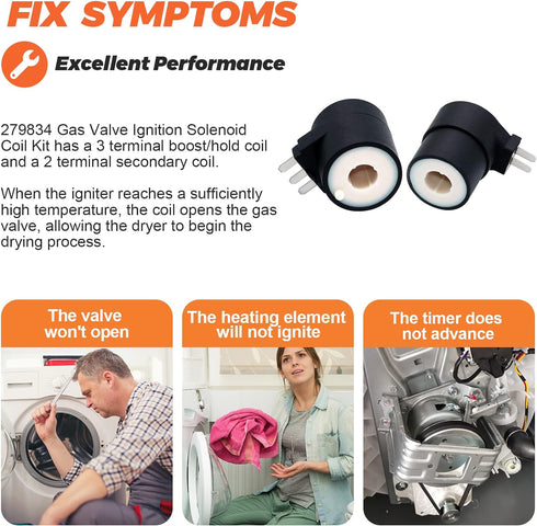 Upgrade 279834 Dryer Gas Valve Ignition Solenoid Coil Kit by Beaquicy - Replacement Ken-more Whirl-pool Dryers - Replaces AP3094251 PS334310 306105 306106 694540 694539 12001349