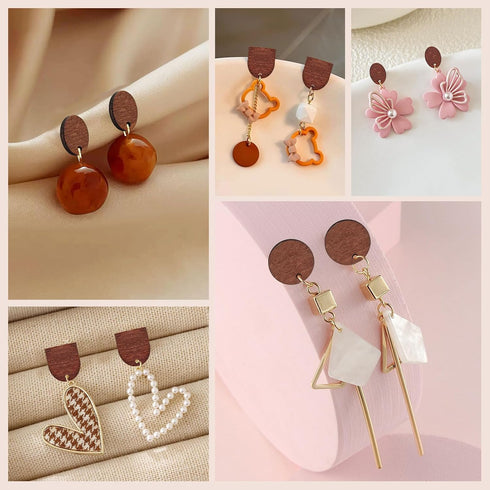 Oubaka 60pcs Wooden Earring Studs for Jewelry Making,Wooden Stud Earrings Wood Earring Posts Earring Pin Stud Bulk with 100pcs Earring Backs for D...