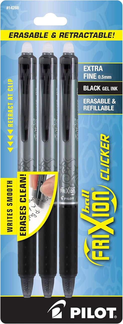 PILOT FriXion Ball Clicker Erasable Gray Barrel Pen, Extra Fine, 0.5 mm, Black Gel Ink, 3 Pack (14288)...