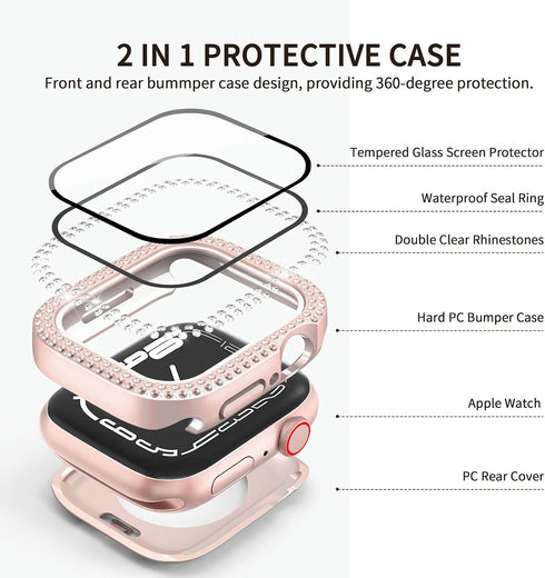 2 in 1 Waterproof Bling Case Compatible for Apple Watch 40mm Screen Protector SE Series 6/5/4, Women Glitter Diamond Rhinestone Bumper Face Cover ...
