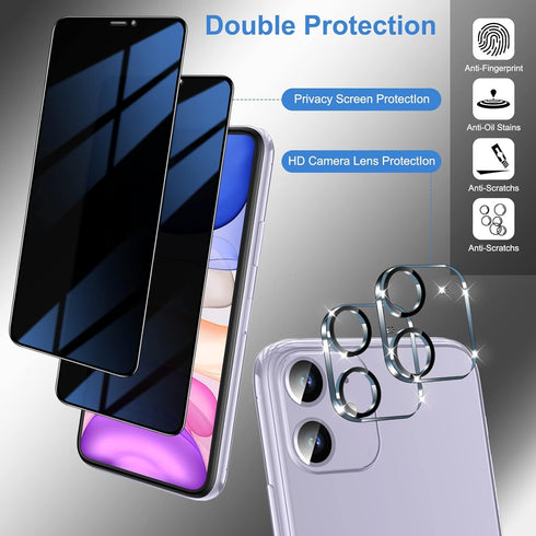 YMHML 2 Pack iPhone 11 Privacy Screen Protector + 2 Pack Camera Lens Protector, Anti Spy Tempered Glass Privacy Screen for iPhone 11 (6.1 Inch), B...