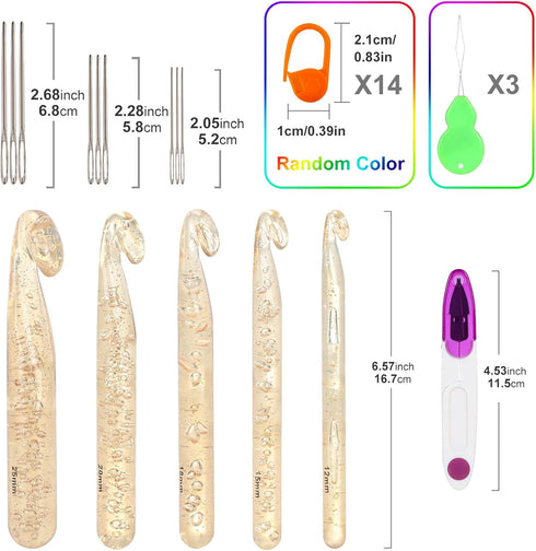 Vodiye 32 Pcs Crochet Hooks Set, Ergonomic 12mm-25mm Large Crochet Hooks for Chunky Yarn, Professional Huge Crochet Needles and Accessories for DI...