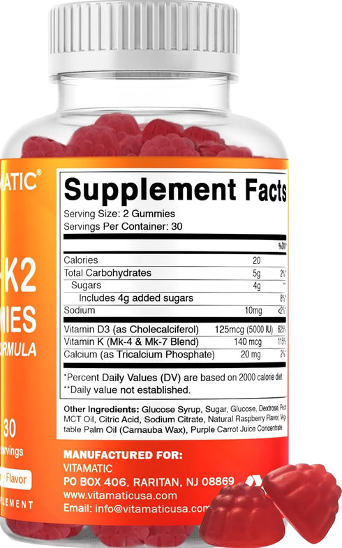 Vitamatic 2 Pack Vitamin D3 K2 Gummies - 60 Count - Supports Healthy Bone, Heart & Calcium Absorption, & Immune Health - Plant Based, Non-GMO, Glu...