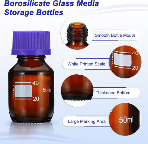 PATIKIL 4 Pack Reagent Media Storage Bottles, 50ml Borosilicate Glass Graduated Round Bottles with GL45 Blue Screw Cap for Lab Water Reagent Liqui...
