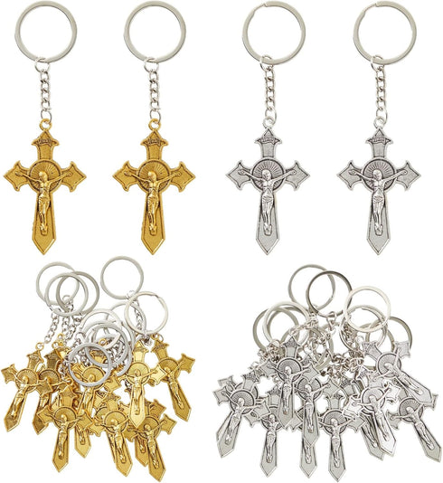 Juvale 24 Pack Christian Cross Keychains, Bulk Religious Key Holders for First Communion, Easter, Baptism, Funeral Favors for Guests (Silver, Gold...