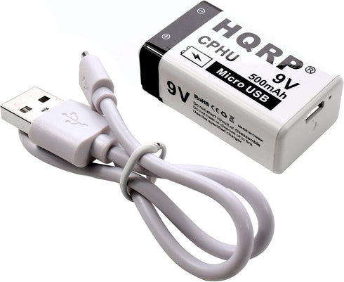 HQRP USB 9V Lithium-Ion Rechargeable Battery, High Capacity 500mAh 9-Volt, 1.5 H Fast Charge, 800 Cycle with Micro USB Cable, Radio Square 6LR61 7...