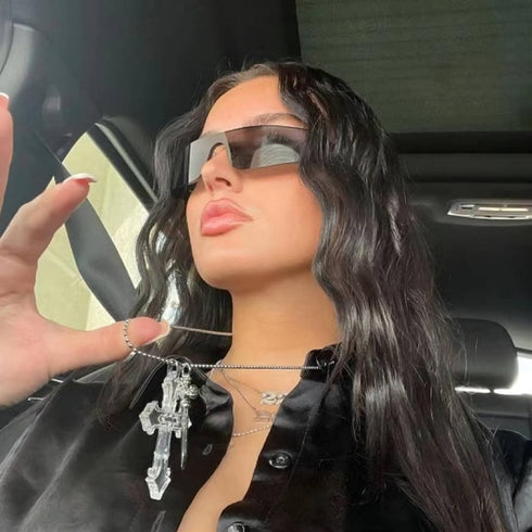 Futuristic Wrap Around Sunglasses Y2K Silver Trendy Rimless Glasses Cyberpunk Eyewear for Women Men Rave Party...