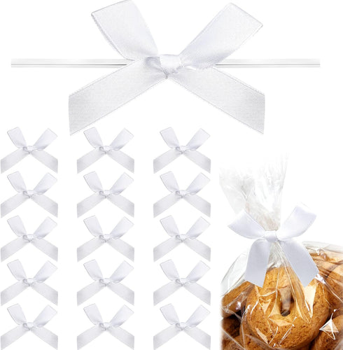 Gejoy 100 Pieces 2.6" Solid White Bows Mini Satin Ribbon Twist Tie Bows Crafts for Wedding Graduation Birthday Party Shower Gift Wrapping Candy Tr...