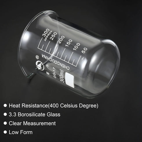 PATIKIL 300ml Low Form Glass Beaker, 2 Pack 3.3 Borosilicate Glass Graduated Printed Scale Measuring Cups with Spout for Kitchen Lab Liquids Trans...