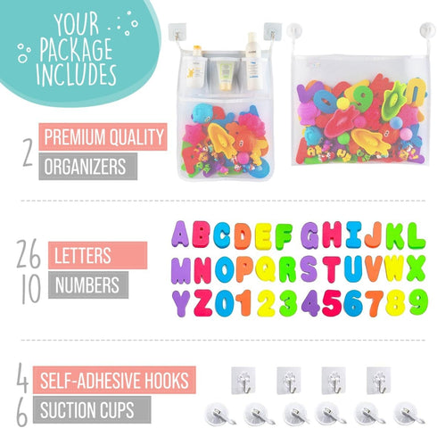 Comfylife 2 x Mesh Bath Toy Organizer + 6 Ultra Strong Hooks + 36 Bath Letters & Numbers – Eco-Safe, Fun, Educational Foam Letters and Perfect Toy...