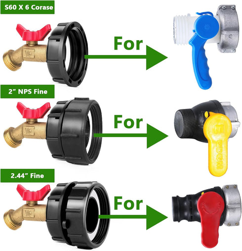 IBC Tote Adapter 275-330 Gallon IBC Tote to Garden Hose Adapter 2.36” Coarse Thread IBC Tote Fitting Water Tank Adapter with Lead-Free Brass Hose ...