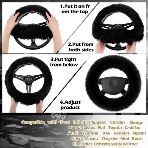 Frienda 6 Pieces Fluffy Car Accessories Set Fluffy Steering Wheel Cover Soft Fuzz Handbrake Cover Gear Shift Cover Bling Car Mirror Fuzz Car Decor...