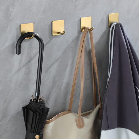YIGII Adhesive Towel Hooks/Bathroom Hook, Gold Self Adhesive Hooks Heavy Duty Coat Hooks 4-Packs, Non-Punching for Hanging Robes Clothes Hats Stic...
