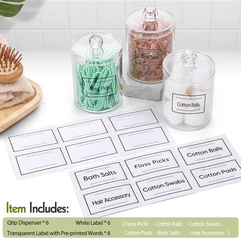 6 Pack Qtip Holder Dispenser for Cotton Ball, Cotton Swab, Cotton Round Pads, Floss - Clear Plastic Apothecary Jar Set, Bathroom Canister Storage ...
