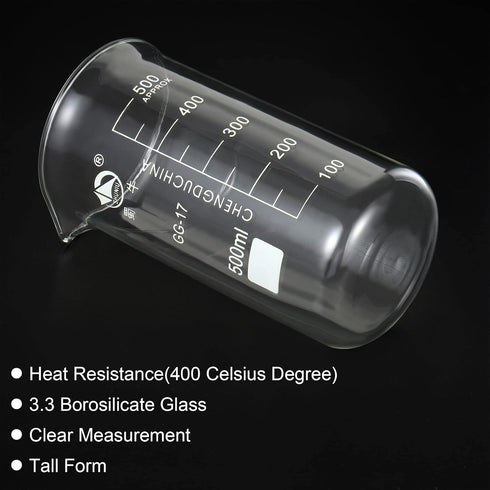 PATIKIL 500ml Tall Form Glass Beaker, 3.3 Borosilicate Glass Graduated Printed Scale Measuring Cups with Spout for Kitchen Lab Liquids Transit Boi...