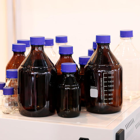 PATIKIL 4 Pack Reagent Media Storage Bottles, 50ml Borosilicate Glass Graduated Round Bottles with GL45 Blue Screw Cap for Lab Water Reagent Liqui...