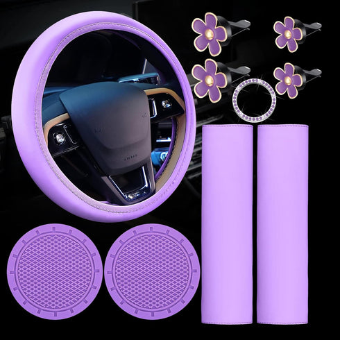 10 Pcs Leather Steering Wheel Cover for Women Cute Car Accessories Set with Seat Belt Shoulder Pads Seatbelt Covers Cup Holders Bling Start Button...