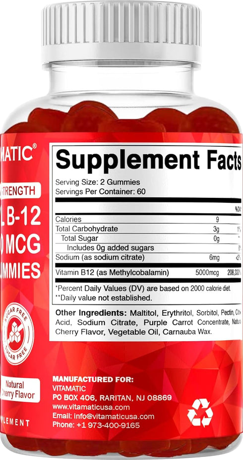 Vitamatic Extra Strength Vitamin B12 5000 mcg (Methyl B12) Gummies - 120 Count - Natural Cherry Flavored...