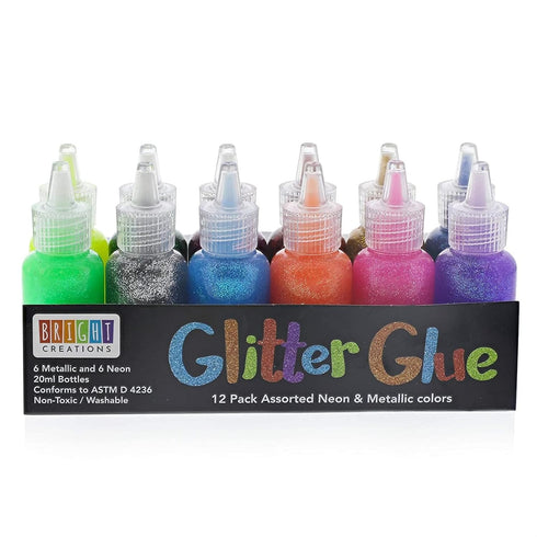 Bright Creations Neon Metallic Glue with Glitter Bottles for Arts and Crafts (20 ml, 12 Pack)...
