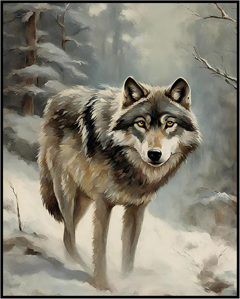 Posterizer 1 pcs-gray wolf in snowy wintery nature-oil painting style -9-Art for Animal Lovers-Landscape & Nature Art-Decor for Home & Office- unf...