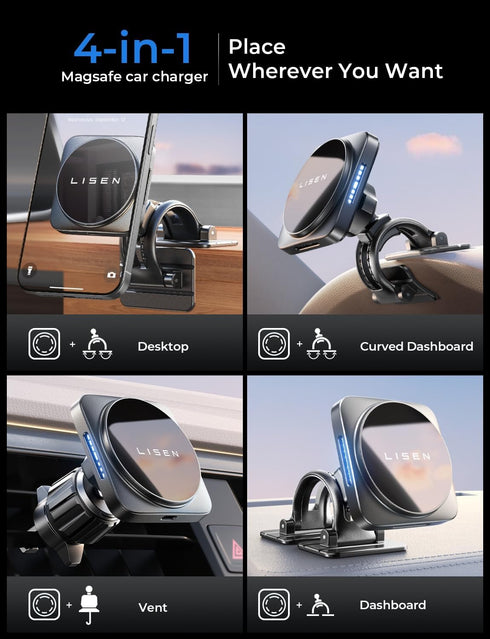 LISEN for MagSafe Car Mount Charger, 15W Magnetic Wireless Car Charger, Compatible with MagSafe Car Charger, Air Vent/Dashboard Phone Holder Mount...
