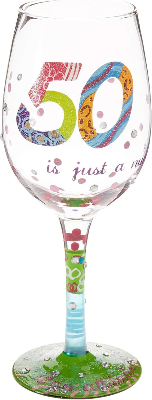 Designs by Lolita “50 is Just a Number” Hand-painted Artisan Wine Glass, 15 oz....