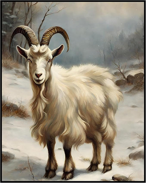 Posterizer 1 pcs-goat in snowy winter scene-oil painting style -1-Art for Animal Lovers-Landscape & Nature Art-Decor for Home & Office- unframed w...