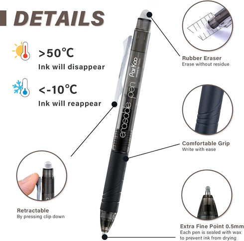 ParKoo Retractable Erasable Gel Pens Clicker Fine Point 0.7 mm, Make Mistakes Disappear, 3 Black/3 Blue Ink Pens with 4 Bonus Refills for Drawing ...