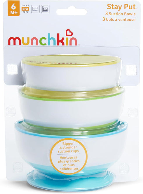 Munchkin Stay Put Suction Bowls for Babies and Toddlers, 3 Pack, Blue/Green/Yellow...