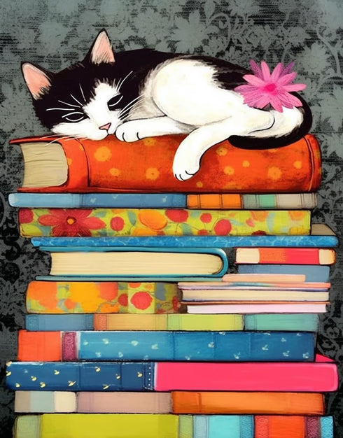 pigpigboss Cat Paint by Numbers Kit for Adult Full Round Drill Diamond Painting Dots Cat Sleeping on Books Diamond Painting Arts Crafts Kit for Be...