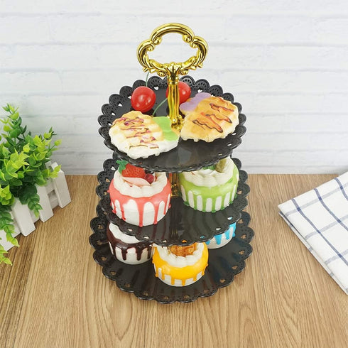 Artliving 3-Tier Plastic Cake Stand Dessert Stand Cupcake Stand Tea Party Serving Platter Black Gold...