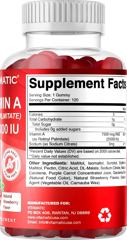 Vitamatic Sugar Free Vitamin A 25000 IU Gummies (Retinyl Palmitate) - Natural Strawberry Flavor - 120 Pectin Based Gummies (1 Bottle)...