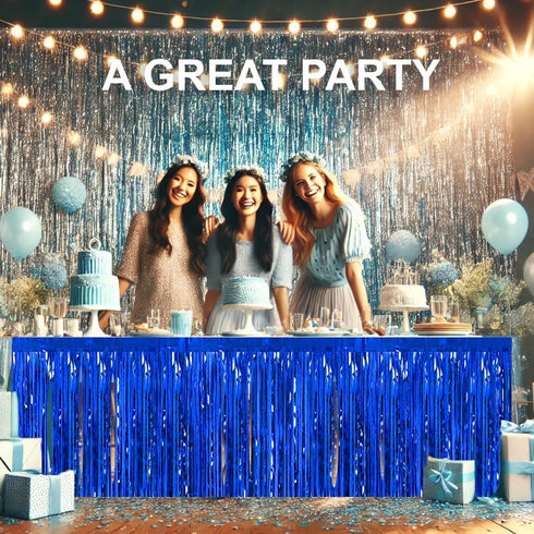 allgala Blue Tinsel Table Skirt 2-Pack 29x108 Inch Metallic Foil Fringe Table Skirts for Party Event, Parade Float, Party Decoraton...