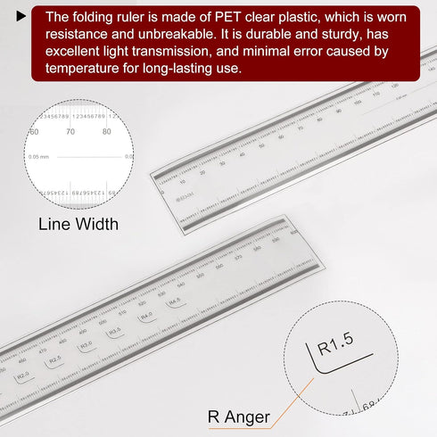 Film Flexible Ruler 60cm 0.1mm Scale with R Angle & Width Lines PET Plastic Folding Straight Ruler Calibration Soft Ruler Measuring Tool for Facto...