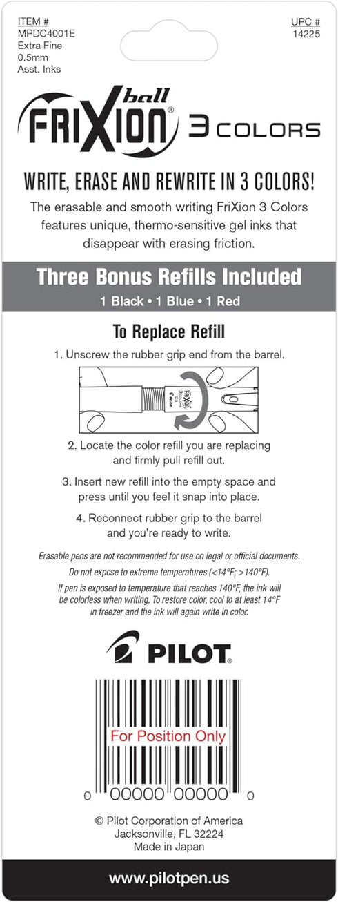 PILOT FriXion Ball 3 Erasable Gel Ink Pen, Extra Fine Point (0.5mm), Black/Blue/Red Ink, Single Pen Plus 3 Refills (14225)...