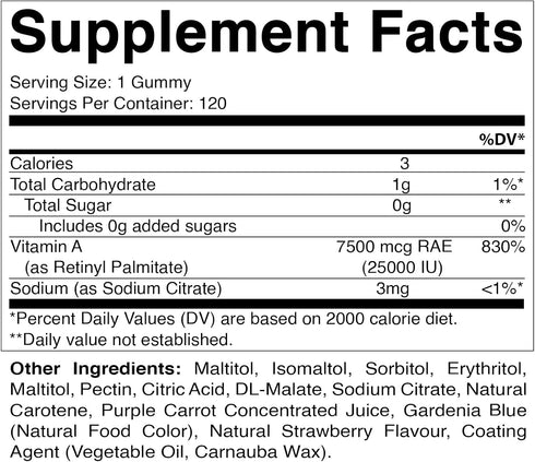 Vitamatic Sugar Free Vitamin A 25000 IU Gummies (Retinyl Palmitate) - Natural Strawberry Flavor - 120 Pectin Based Gummies (1 Bottle)...